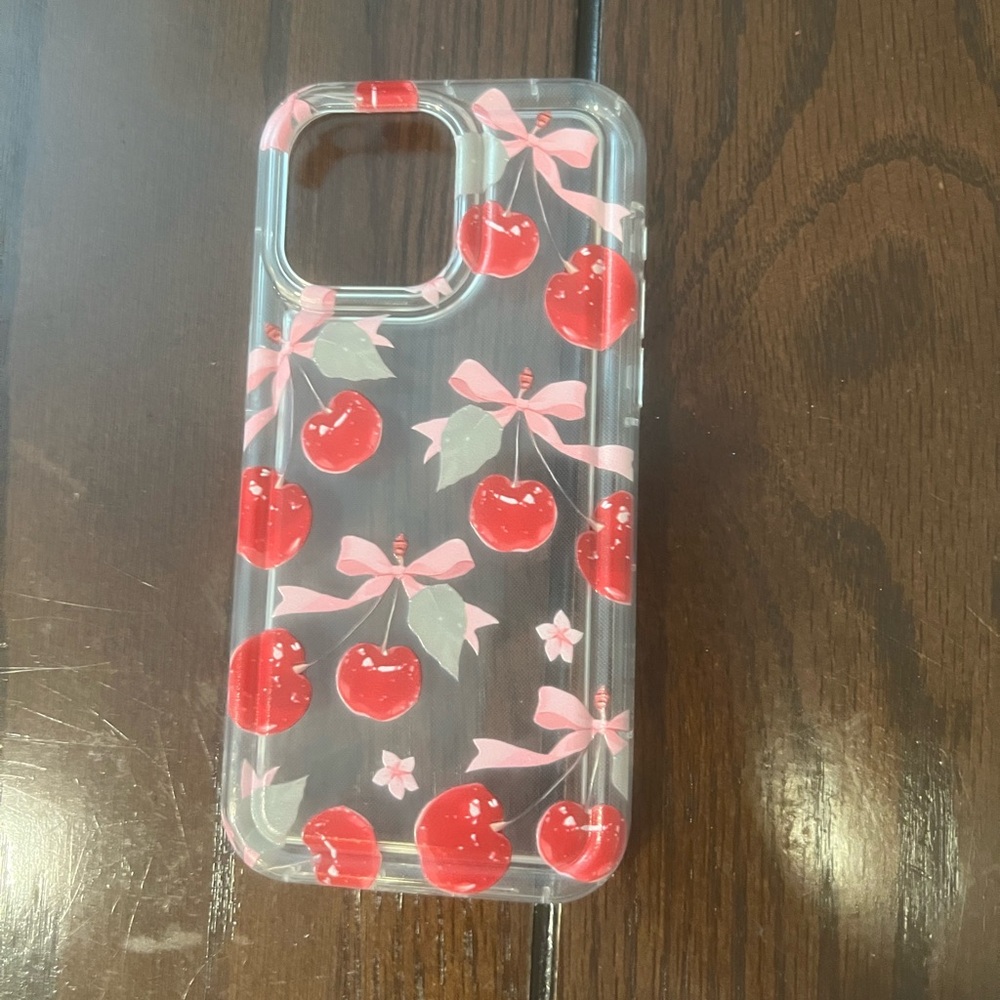 iPhone 15 ProMax Clear Phone Case with Red Cherries and Pink Bows